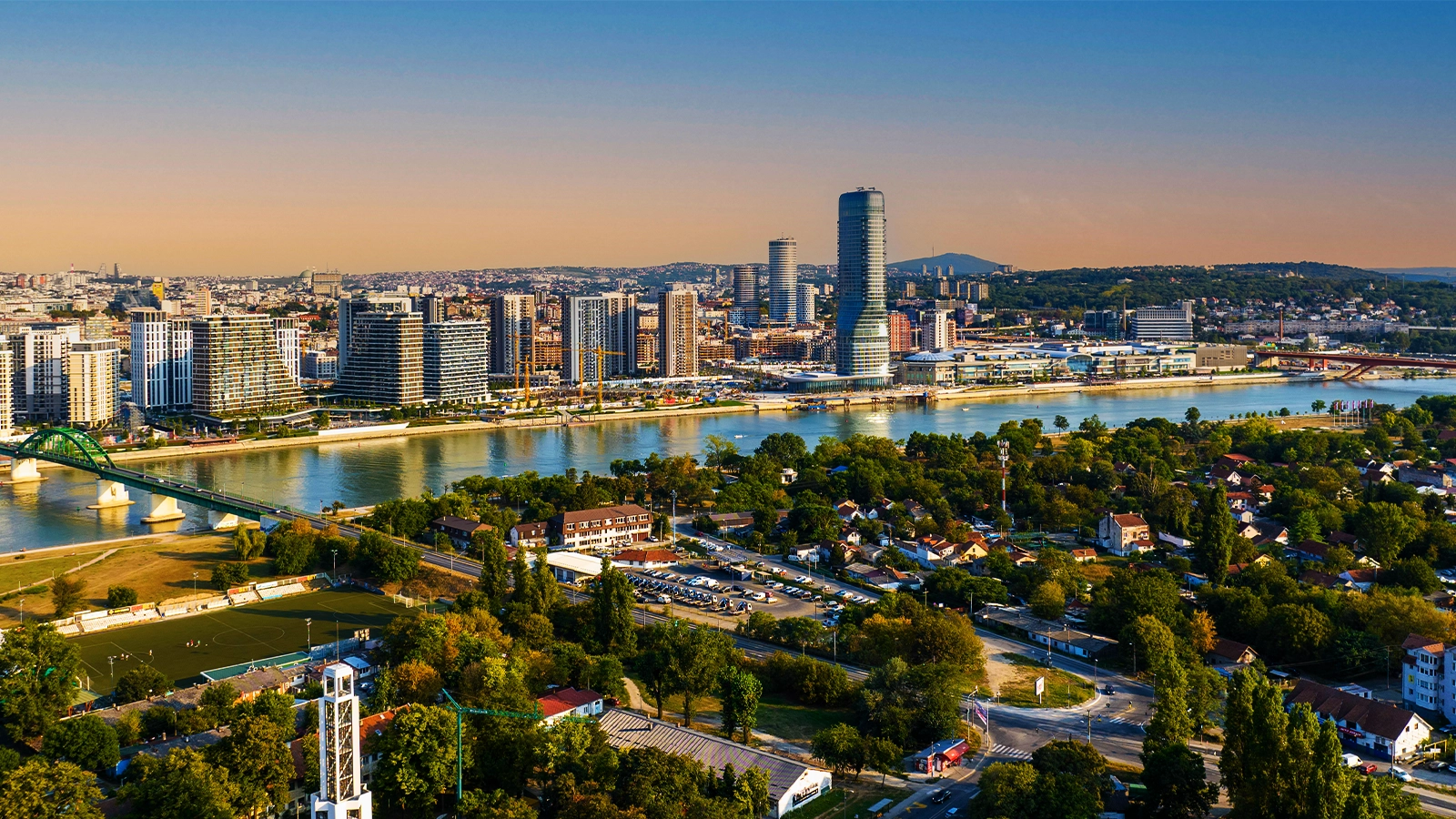 Belgrade panorama view from above showing Sava and Danube rivers