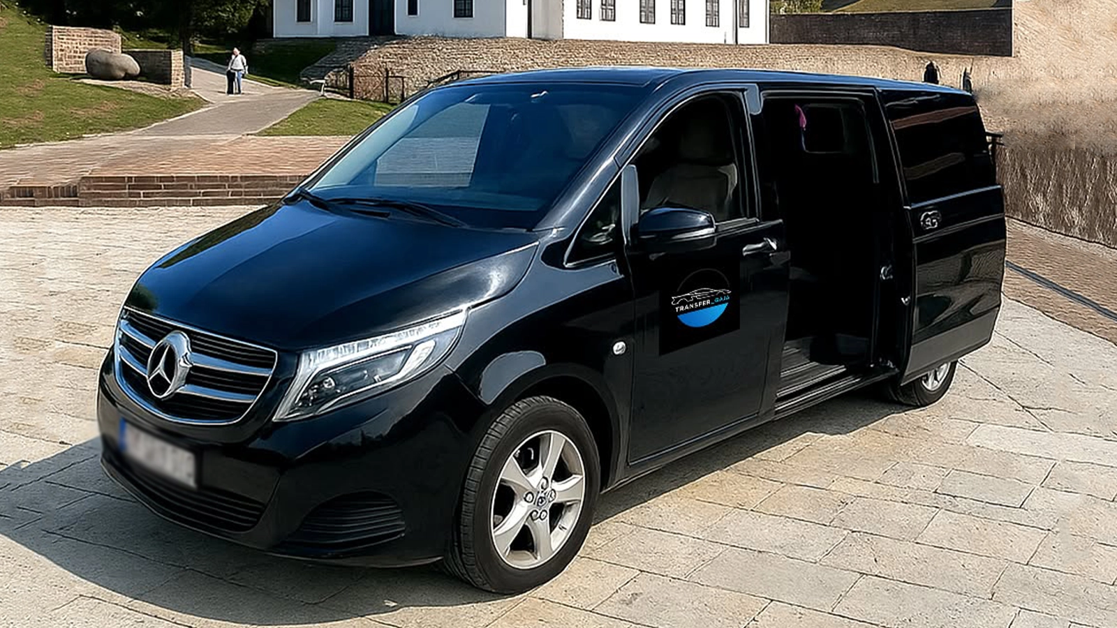 Mercedes V-Class black van for Belgrade airport transfer and group layover transport