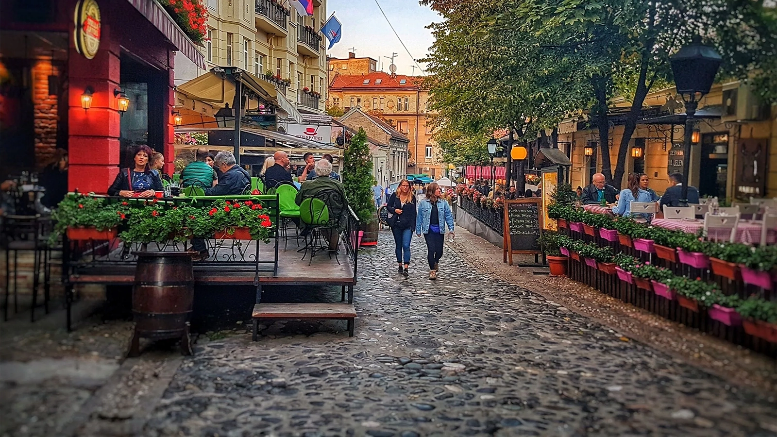Skadarlija bohemian quarter cobblestone street in Belgrade with traditional kafanas