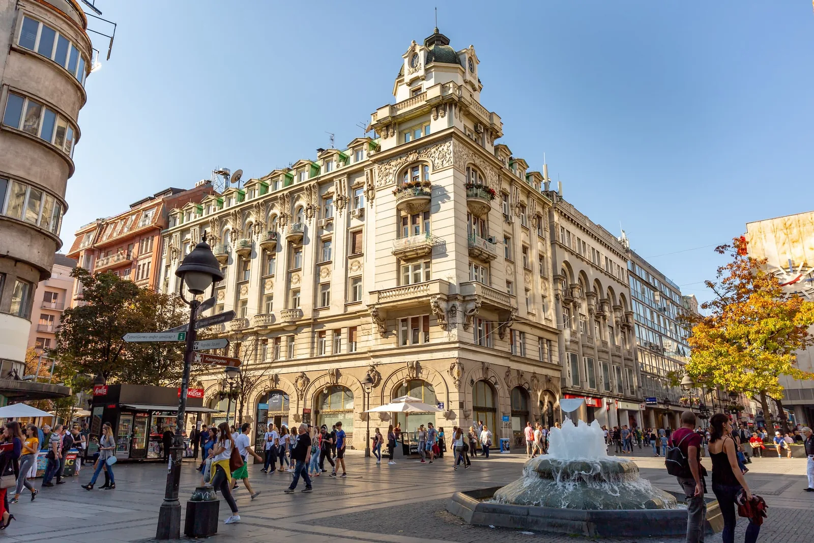 Day trips from Belgrade, Knez Mihailova street in the city centre with the fountain and pedestrians