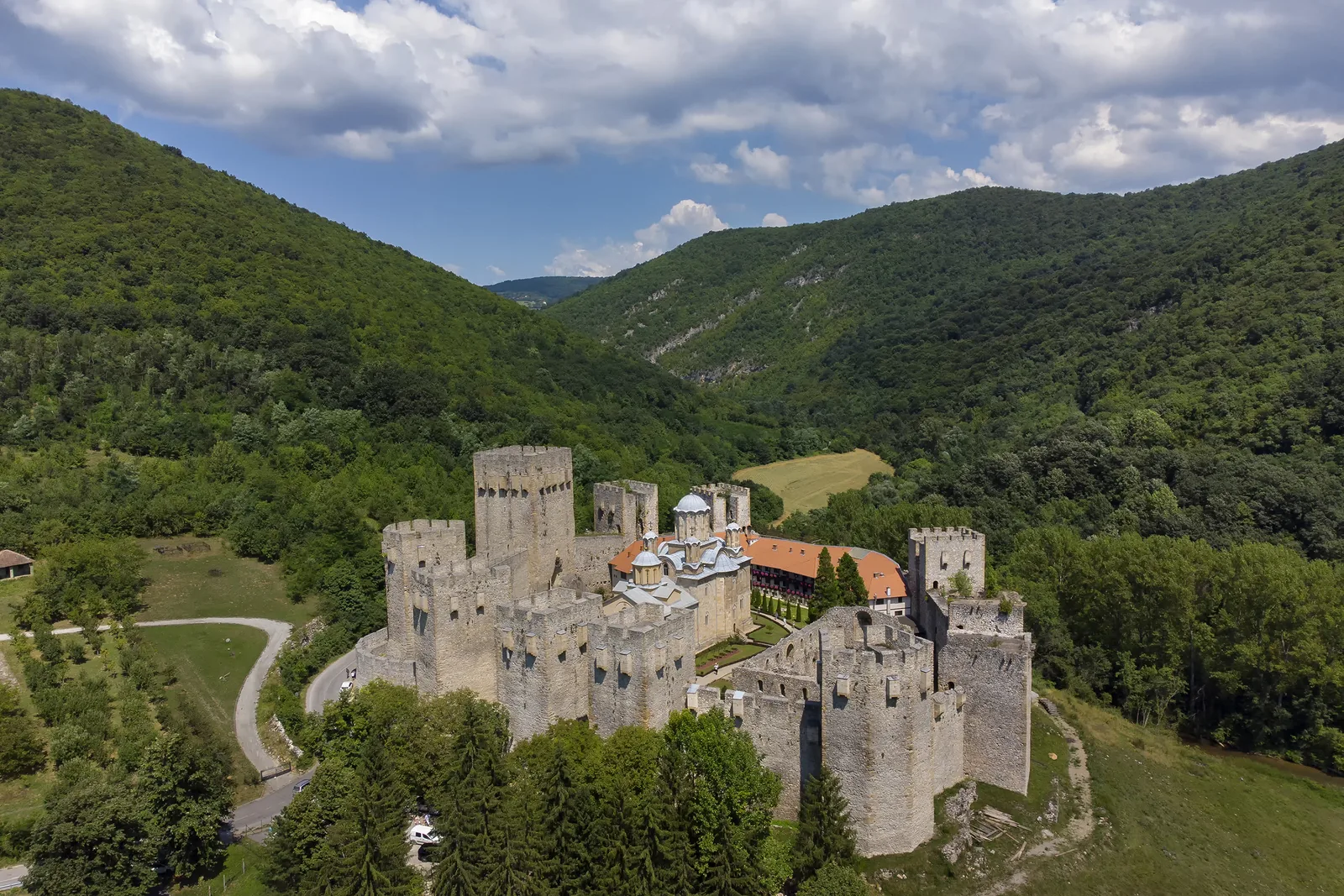 Manasija Monastery day trip from Belgrade, the fortified walls and towers seen from the air